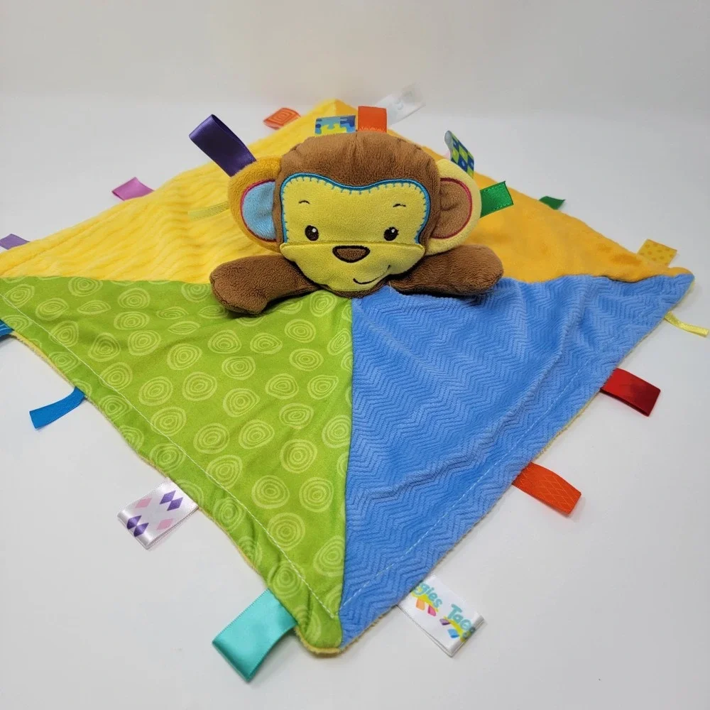 Taggies Monkey Lovey Yellow Blue Colorful Plush Ribbons Sensory Security Blanket